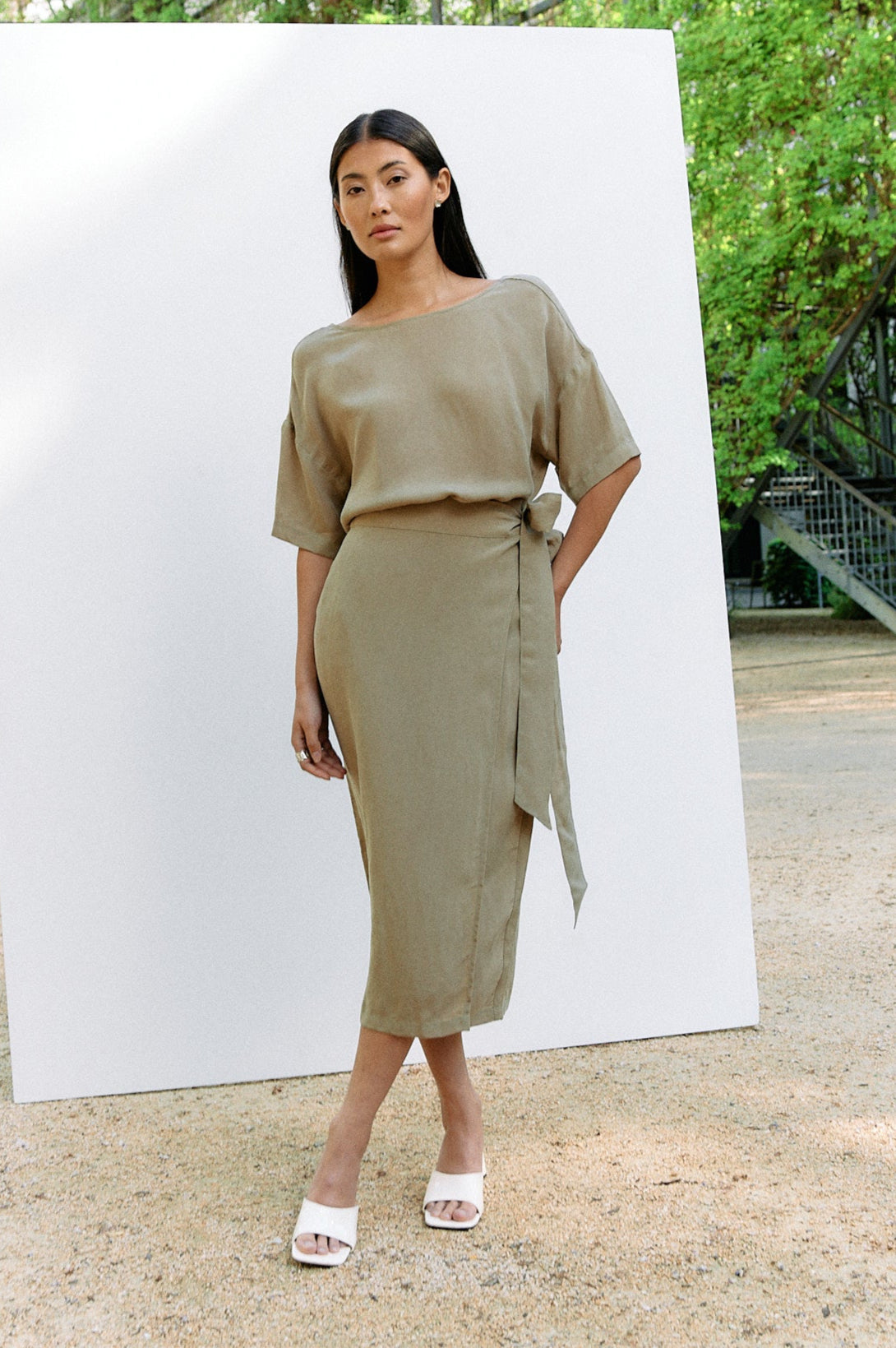 Woven Cupro Wrap Skirt - coriander