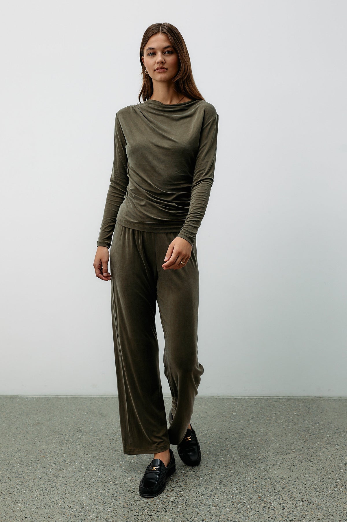 Cupro Draped Long Sleeve - dusty olive