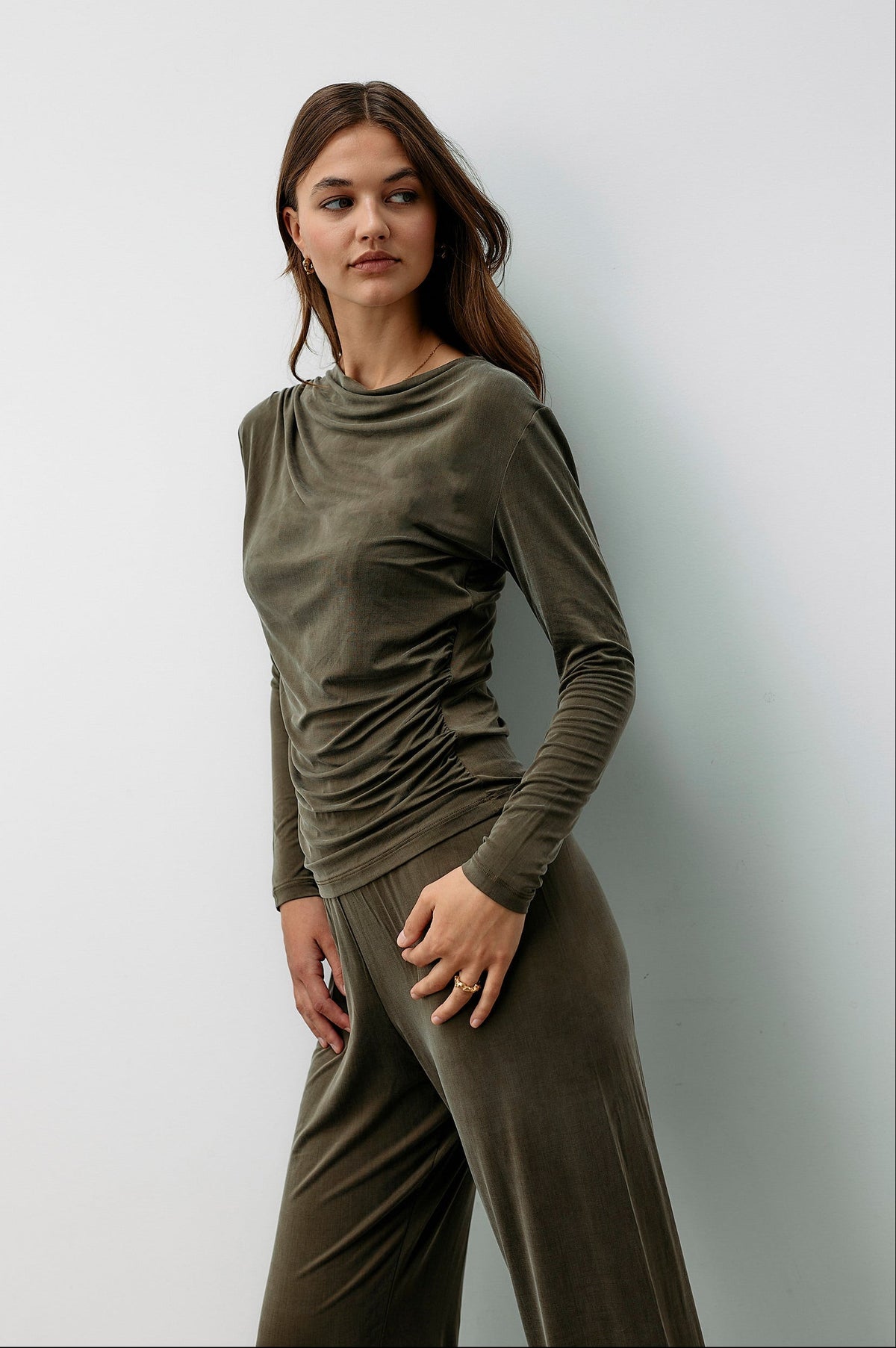 Cupro Draped Long Sleeve - dusty olive