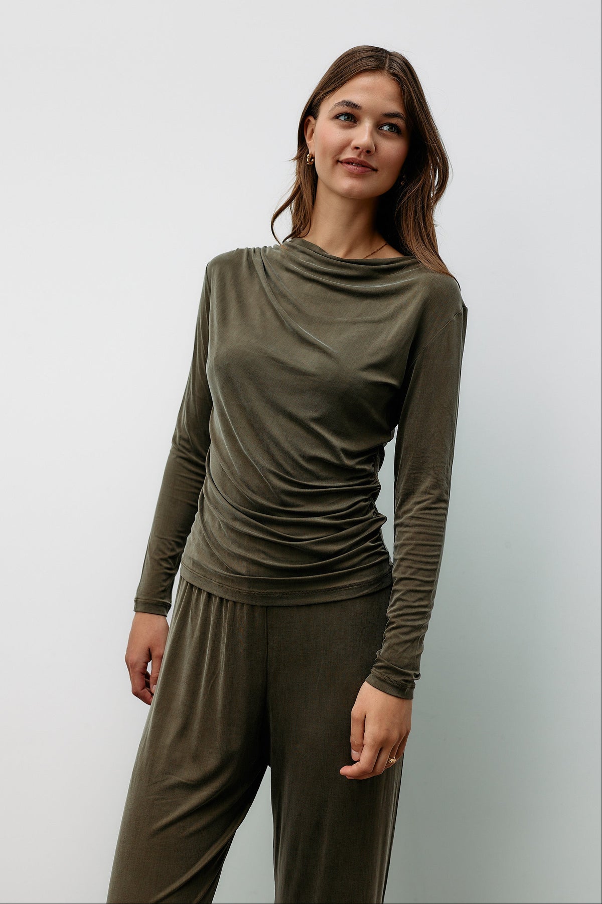 Cupro Draped Long Sleeve - dusty olive