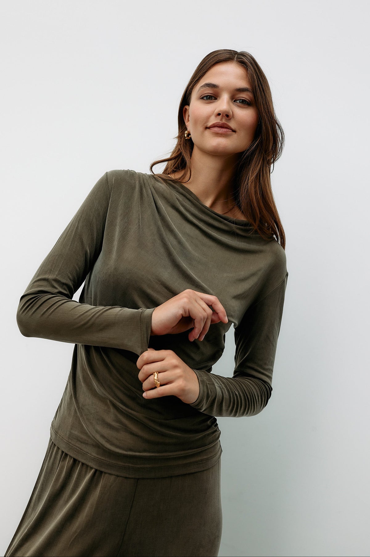 Cupro Draped Long Sleeve - dusty olive